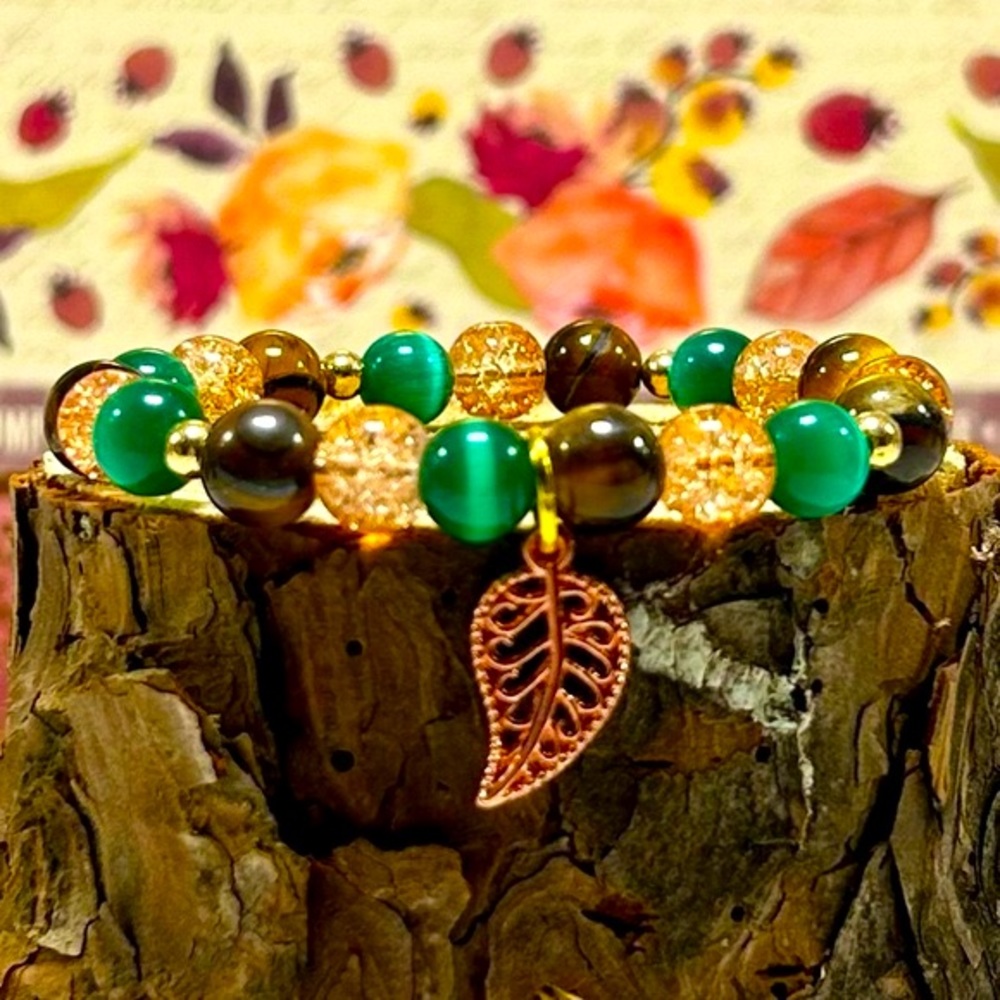 Handmade Fall Leaf Charm Bracelet Featuring Natural Cat Eye & Tiger Eye Stones!